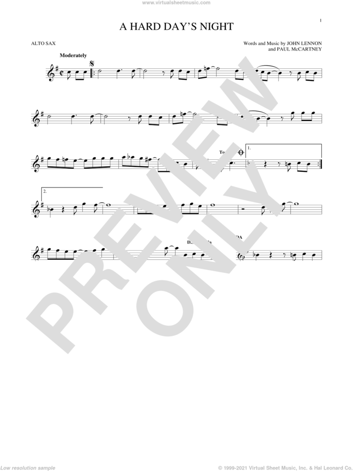 A Hard Day's Night sheet music for alto saxophone solo by The Beatles, John Lennon and Paul McCartney, intermediate skill level
