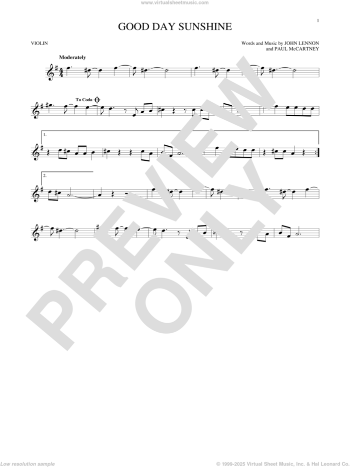 Good Day Sunshine sheet music for violin solo by The Beatles, John Lennon and Paul McCartney, intermediate skill level