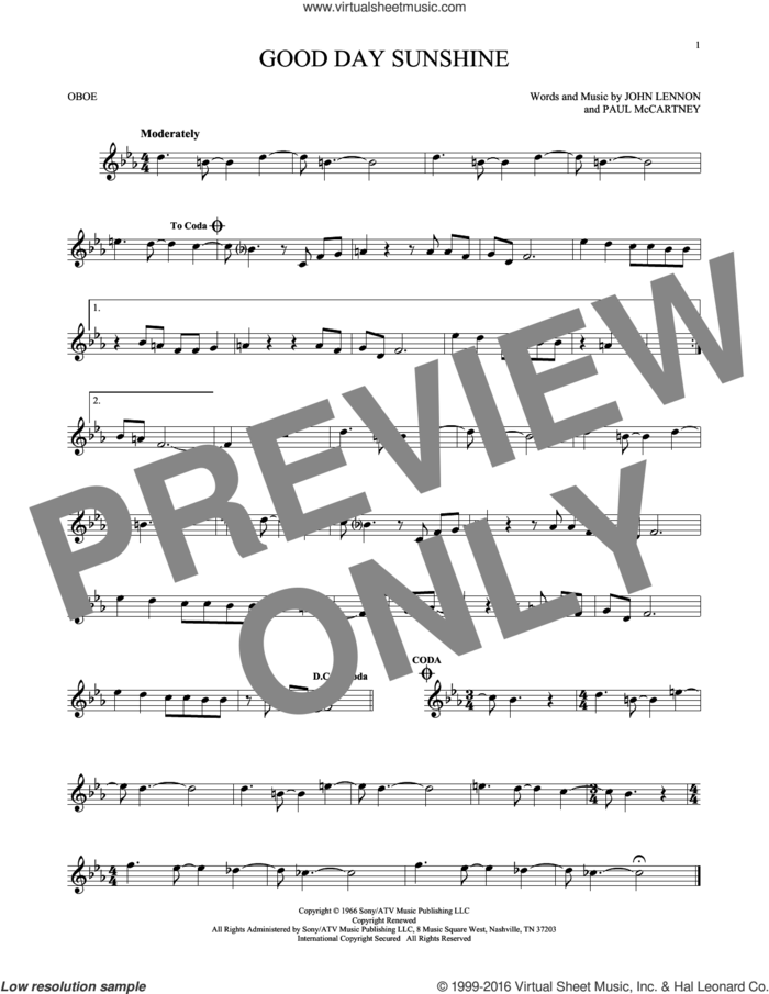 Good Day Sunshine sheet music for oboe solo by The Beatles, John Lennon and Paul McCartney, intermediate skill level