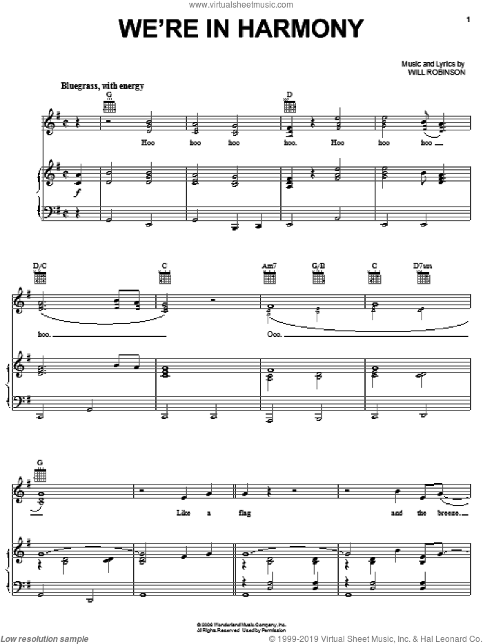We're In Harmony sheet music for voice, piano or guitar by Reba McEntire, The Fox And The Hound 2 (Movie) and Will Robinson, intermediate skill level