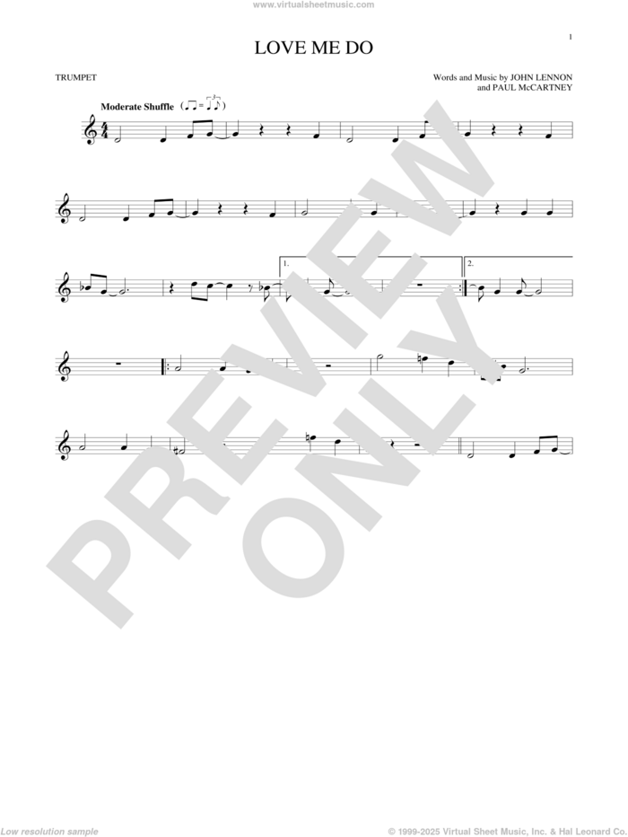 Love Me Do sheet music for trumpet solo by The Beatles, John Lennon and Paul McCartney, intermediate skill level