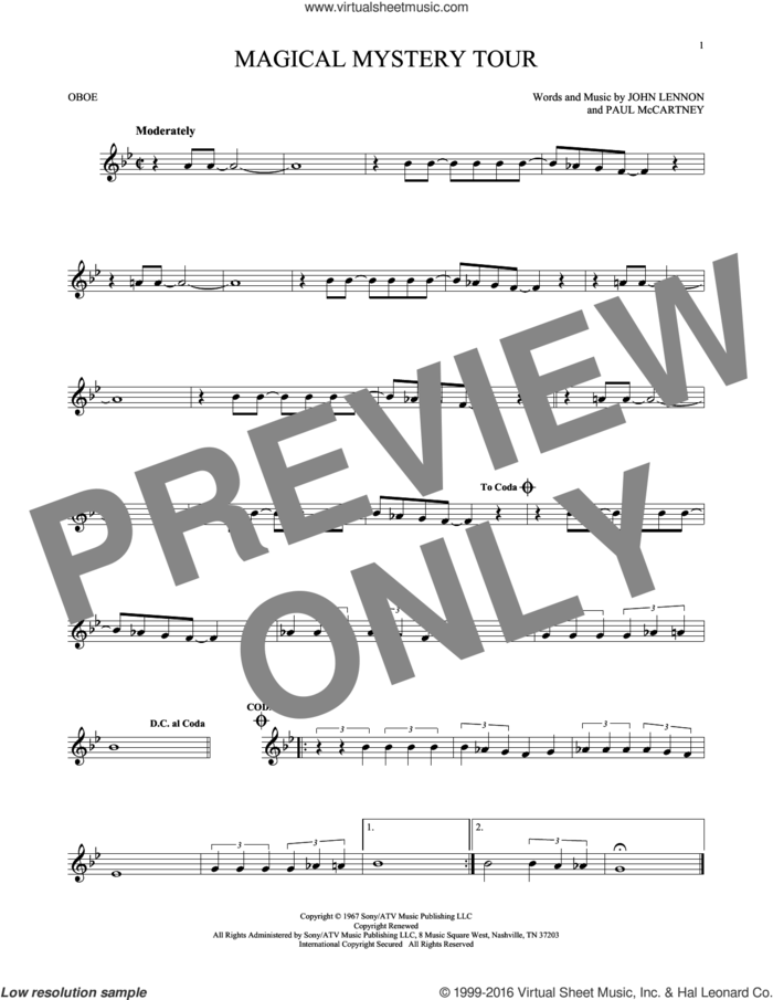Magical Mystery Tour sheet music for oboe solo by The Beatles, John Lennon and Paul McCartney, intermediate skill level