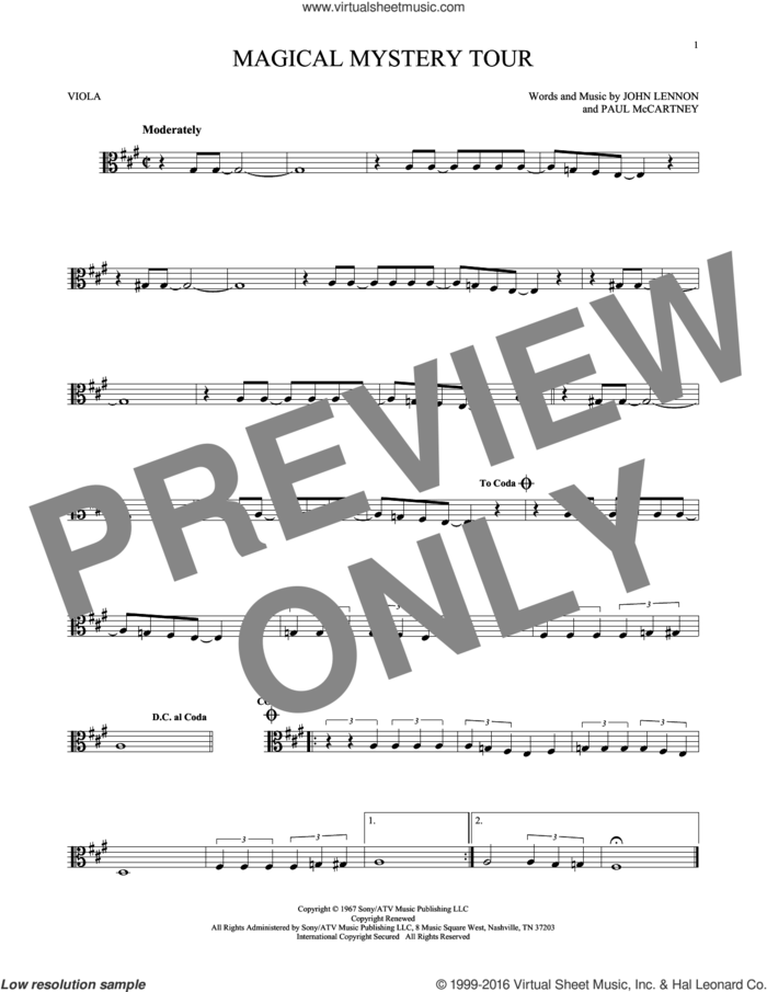 Magical Mystery Tour sheet music for viola solo by The Beatles, John Lennon and Paul McCartney, intermediate skill level