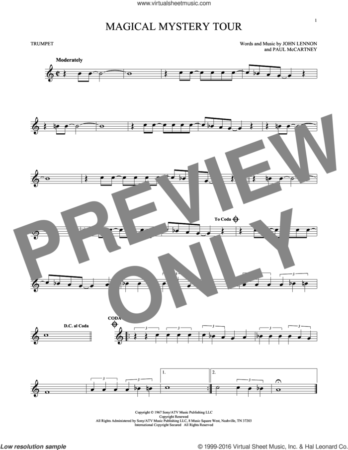 Magical Mystery Tour sheet music for trumpet solo by The Beatles, John Lennon and Paul McCartney, intermediate skill level