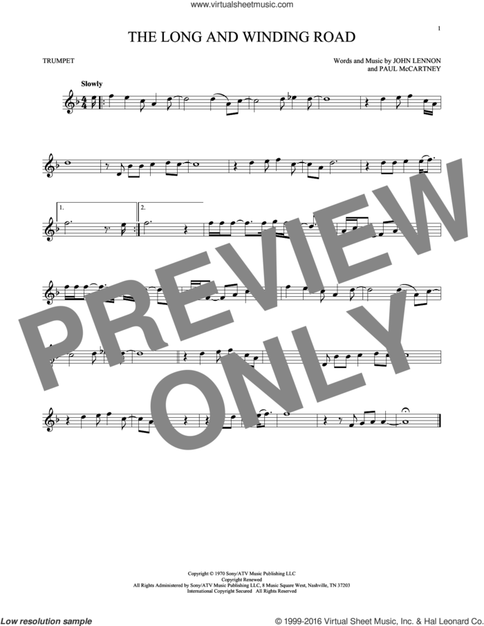 The Long And Winding Road sheet music for trumpet solo by The Beatles, John Lennon and Paul McCartney, intermediate skill level