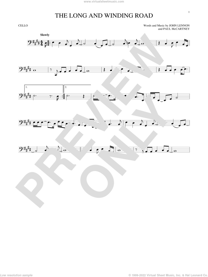 The Long And Winding Road sheet music for cello solo by The Beatles, John Lennon and Paul McCartney, intermediate skill level