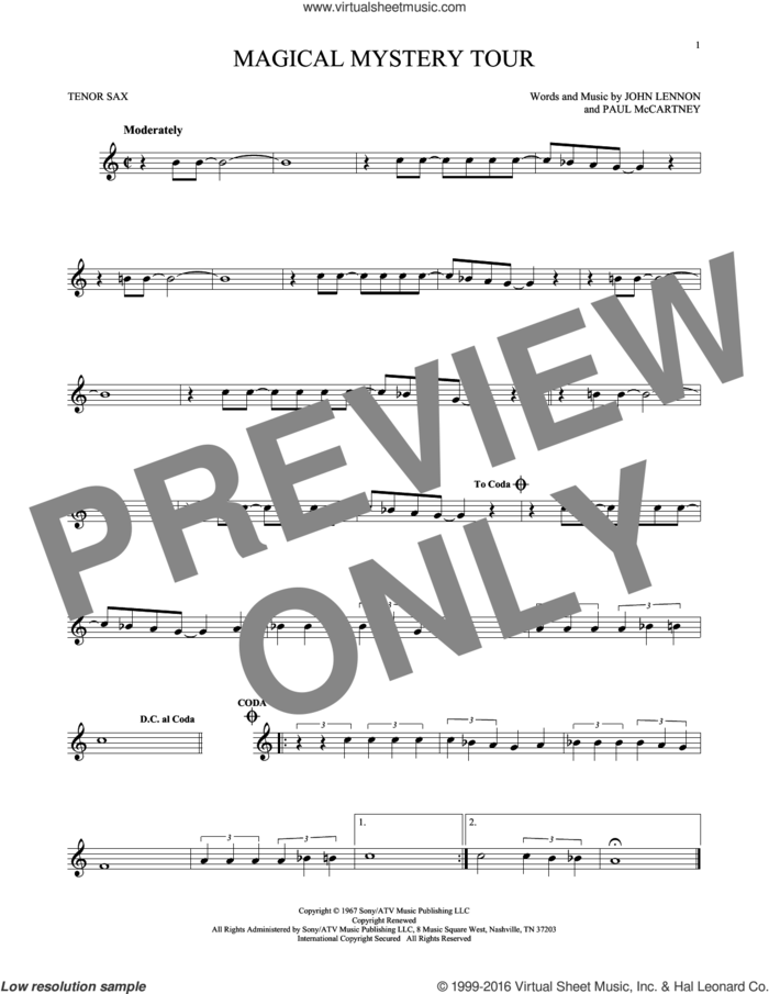 Magical Mystery Tour sheet music for tenor saxophone solo by The Beatles, John Lennon and Paul McCartney, intermediate skill level