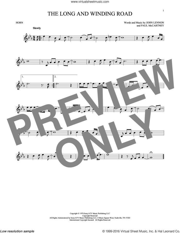 The Long And Winding Road sheet music for horn solo by The Beatles, John Lennon and Paul McCartney, intermediate skill level