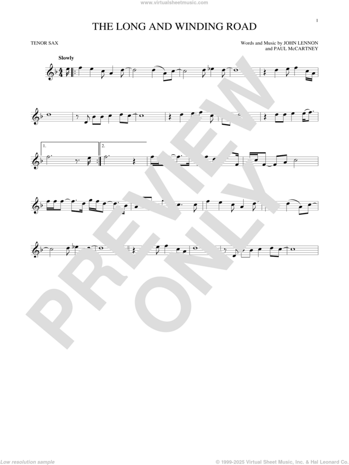 The Long And Winding Road sheet music for tenor saxophone solo by The Beatles, John Lennon and Paul McCartney, intermediate skill level