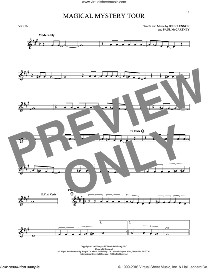 Magical Mystery Tour sheet music for violin solo by The Beatles, John Lennon and Paul McCartney, intermediate skill level
