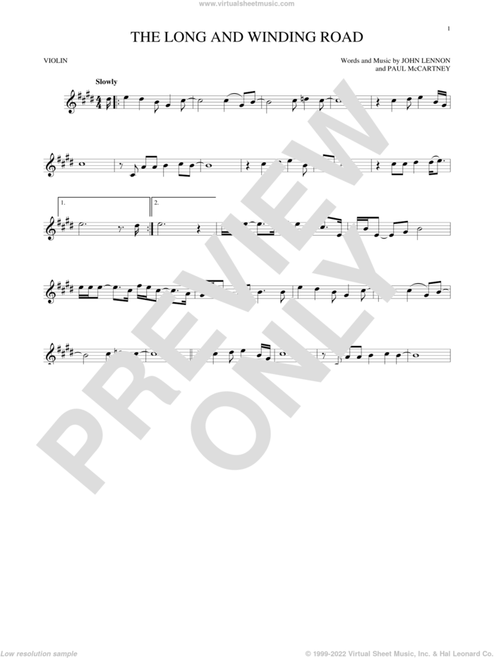 The Long And Winding Road sheet music for violin solo by The Beatles, John Lennon and Paul McCartney, intermediate skill level