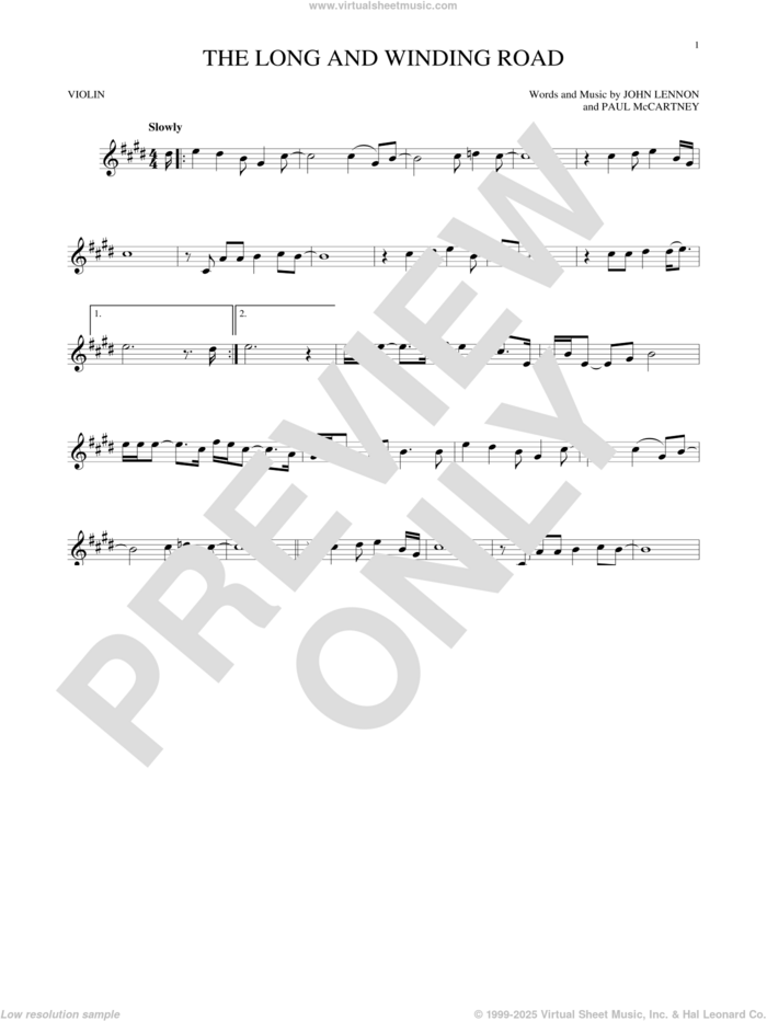 The Long And Winding Road sheet music for violin solo by The Beatles, John Lennon and Paul McCartney, intermediate skill level