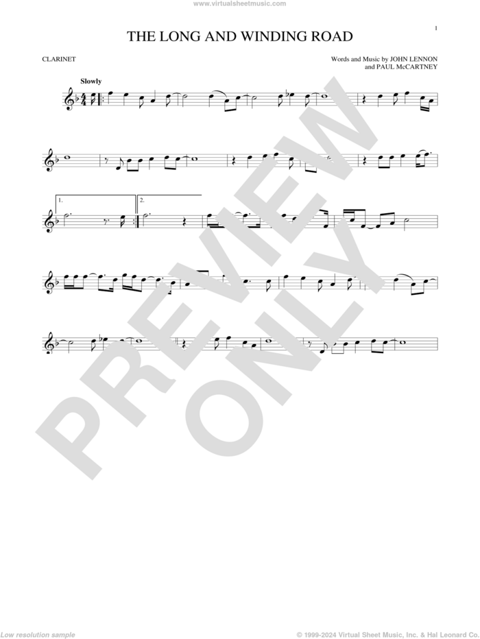 The Long And Winding Road sheet music for clarinet solo by The Beatles, John Lennon and Paul McCartney, intermediate skill level