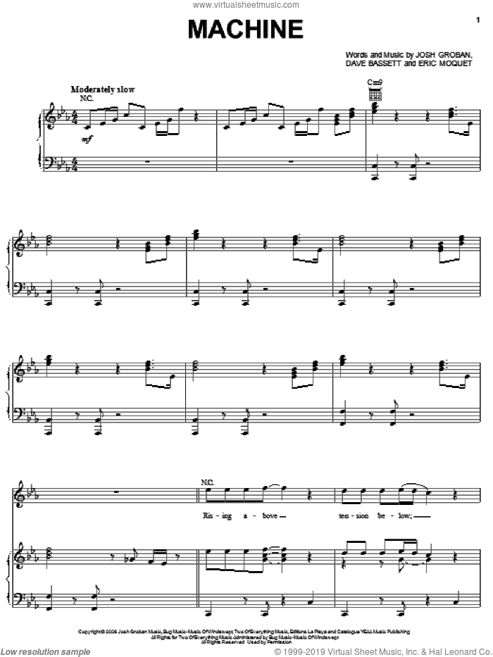 Machine sheet music for voice, piano or guitar by Josh Groban, Dave Bassett and Eric Mouquet, intermediate skill level