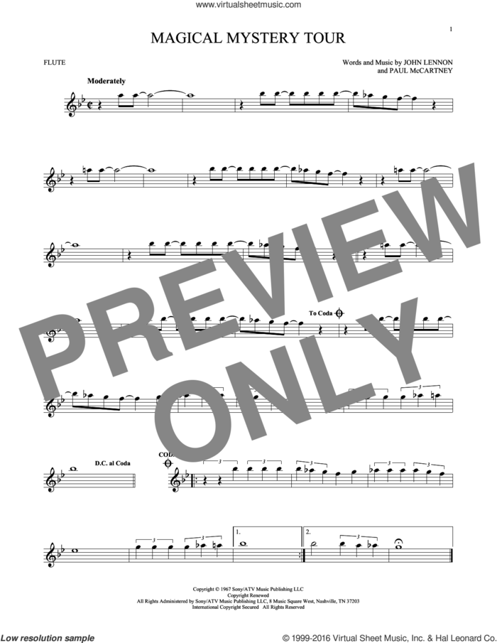 Magical Mystery Tour sheet music for flute solo by The Beatles, John Lennon and Paul McCartney, intermediate skill level