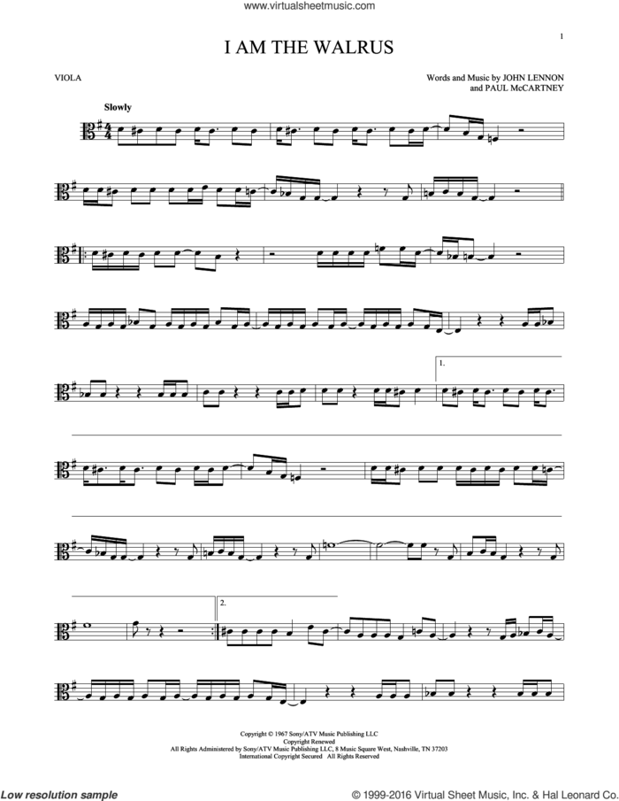 I Am The Walrus sheet music for viola solo by The Beatles, John Lennon and Paul McCartney, intermediate skill level