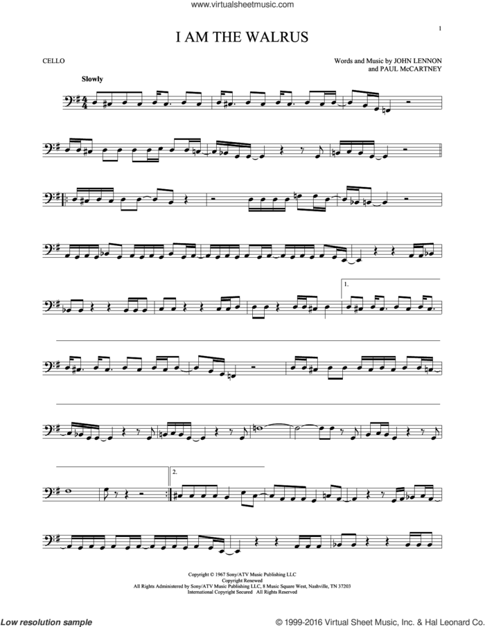 I Am The Walrus sheet music for cello solo by The Beatles, John Lennon and Paul McCartney, intermediate skill level