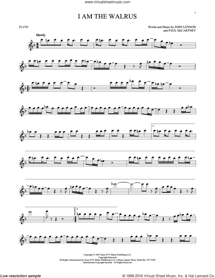 I Am The Walrus sheet music for flute solo by The Beatles, John Lennon and Paul McCartney, intermediate skill level