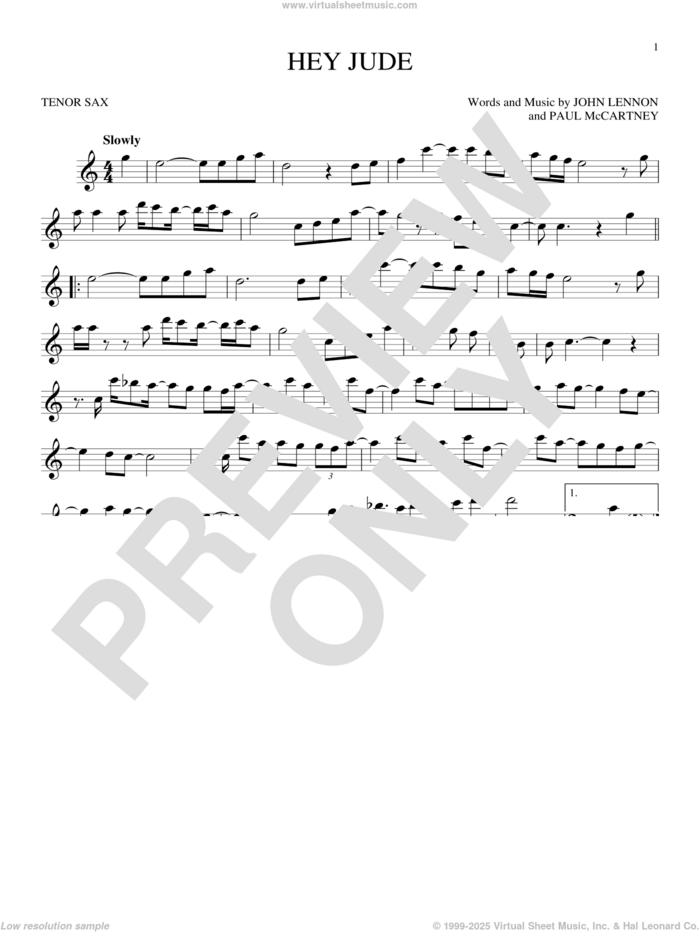 Hey Jude sheet music for tenor saxophone solo by The Beatles, John Lennon and Paul McCartney, intermediate skill level