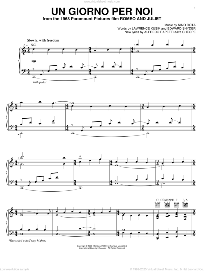 Un Giorno Per Noi sheet music for voice, piano or guitar by Josh Groban, Alfredo Rapetti, Edward Snyder, Lawrence Kusik and Nino Rota, intermediate skill level