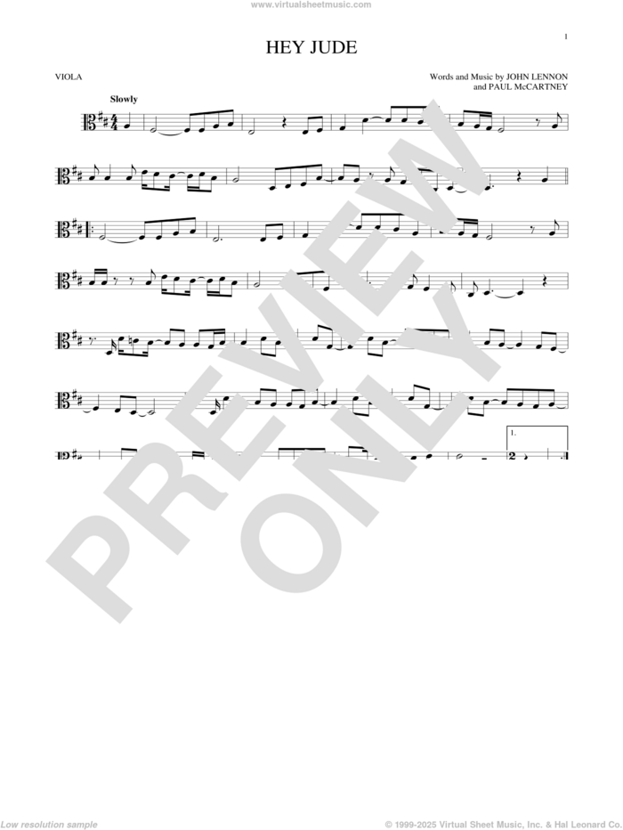 Hey Jude sheet music for viola solo by The Beatles, John Lennon and Paul McCartney, intermediate skill level