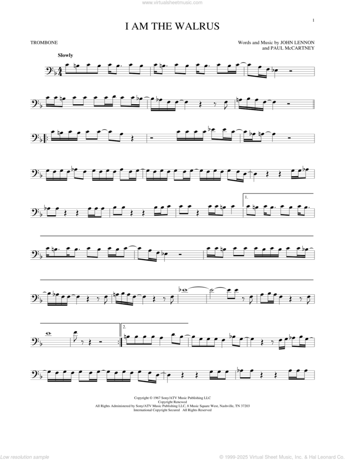 I Am The Walrus sheet music for trombone solo by The Beatles, John Lennon and Paul McCartney, intermediate skill level