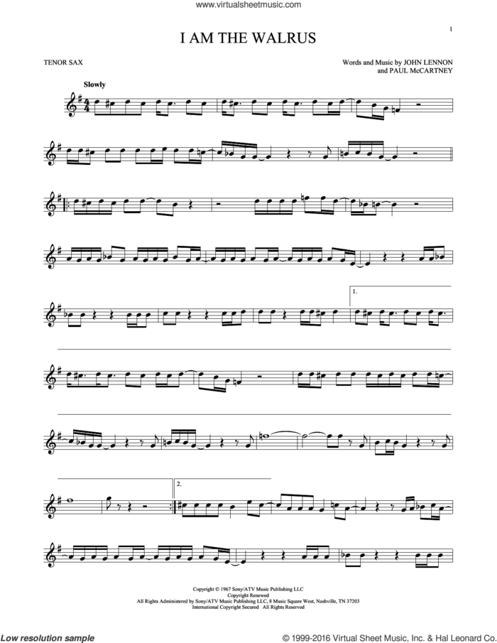 I Am The Walrus sheet music for tenor saxophone solo by The Beatles, John Lennon and Paul McCartney, intermediate skill level