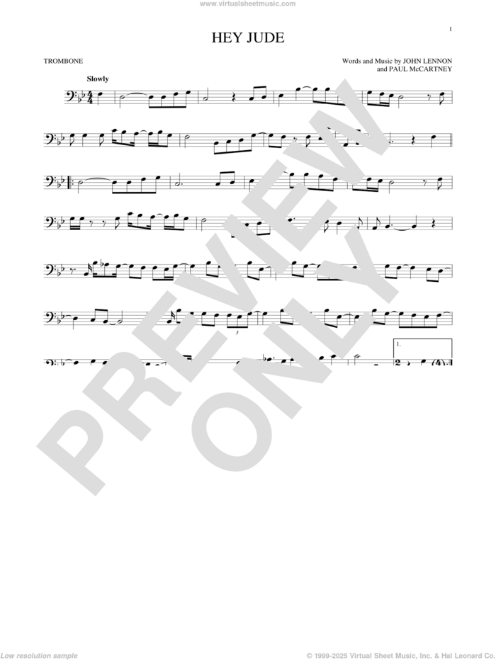 Hey Jude sheet music for trombone solo by The Beatles, John Lennon and Paul McCartney, intermediate skill level