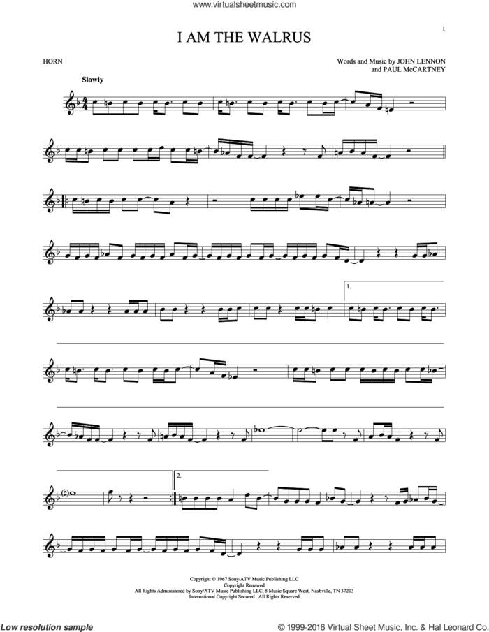 I Am The Walrus sheet music for horn solo by The Beatles, John Lennon and Paul McCartney, intermediate skill level