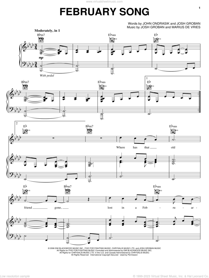 February Song sheet music for voice, piano or guitar by Josh Groban, John Ondrasik and Marius De Vries, intermediate skill level