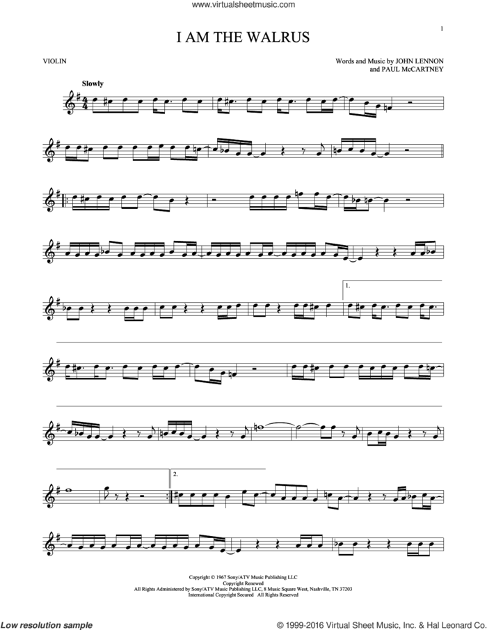 I Am The Walrus sheet music for violin solo by The Beatles, John Lennon and Paul McCartney, intermediate skill level