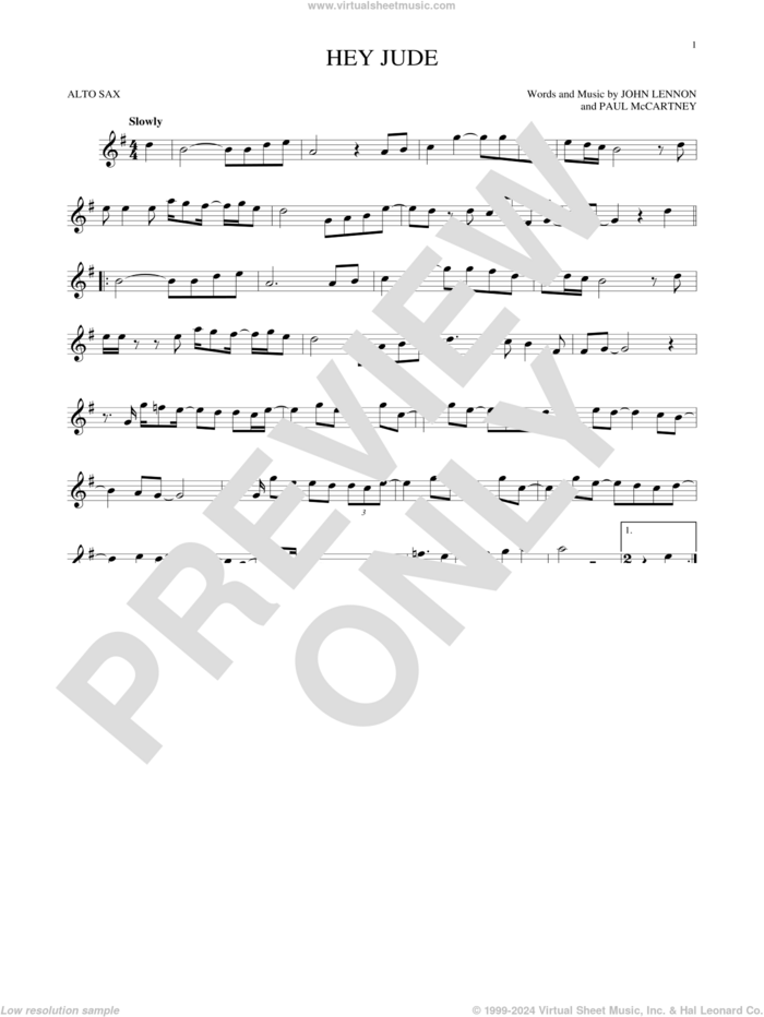 Hey Jude sheet music for alto saxophone solo by The Beatles, John Lennon and Paul McCartney, intermediate skill level