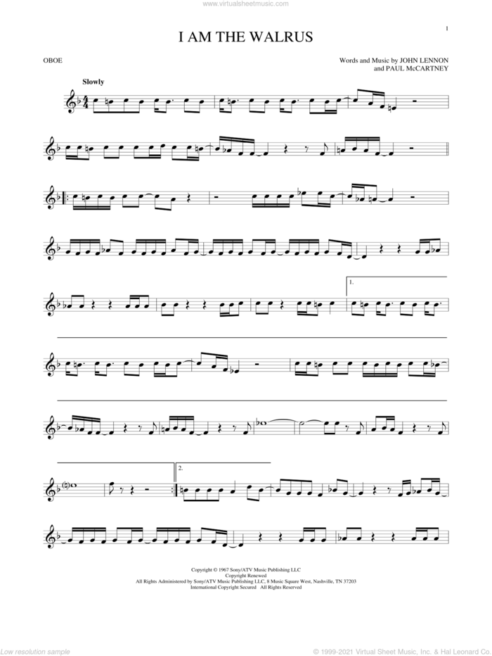 I Am The Walrus sheet music for oboe solo by The Beatles, John Lennon and Paul McCartney, intermediate skill level