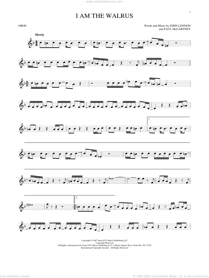 I Am The Walrus sheet music for oboe solo by The Beatles, John Lennon and Paul McCartney, intermediate skill level