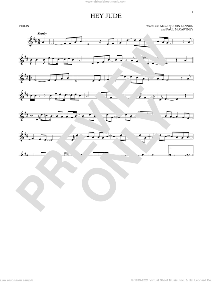 Hey Jude sheet music for violin solo by The Beatles, John Lennon and Paul McCartney, intermediate skill level