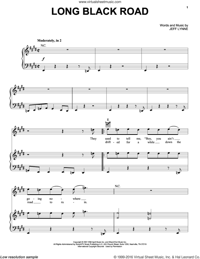 Long Black Road sheet music for voice, piano or guitar by Jeff Lynne, intermediate skill level