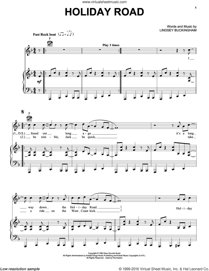 Holiday Road sheet music for voice, piano or guitar by Lindsey Buckingham, intermediate skill level