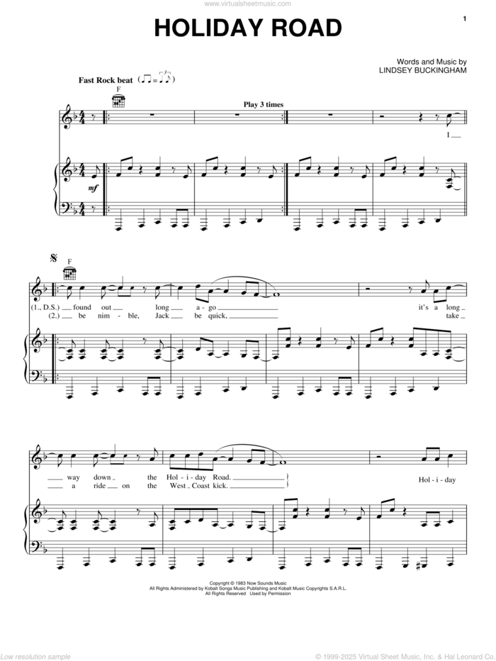 Holiday Road sheet music for voice, piano or guitar by Lindsey Buckingham, intermediate skill level