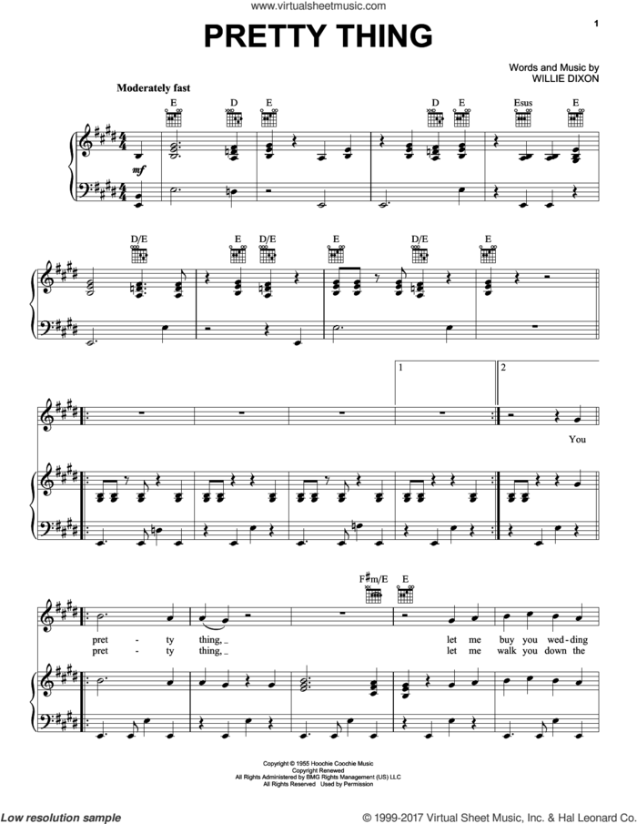 Pretty Thing sheet music for voice, piano or guitar by Bo Diddley and Willie Dixon, intermediate skill level