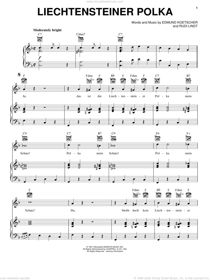 Liechtensteiner Polka sheet music for voice, piano or guitar by Edmund Koetscher and Rudi Lindt, intermediate skill level