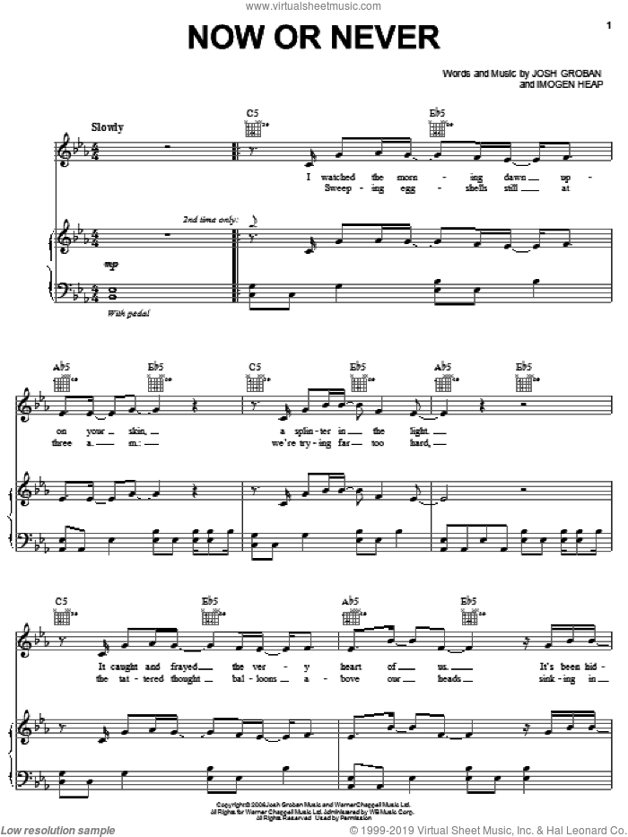Now Or Never sheet music for voice, piano or guitar by Josh Groban and Imogen Heap, intermediate skill level