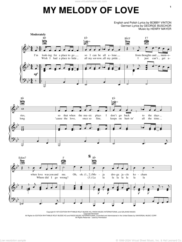 My Melody Of Love sheet music for voice, piano or guitar by Bobby Vinton, George Buschor and Henry Mayer, intermediate skill level