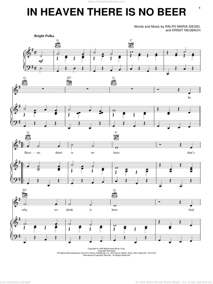 In Heaven There Is No Beer sheet music for voice, piano or guitar by Ernst Neubach and Ralph Maria Siegel, intermediate skill level