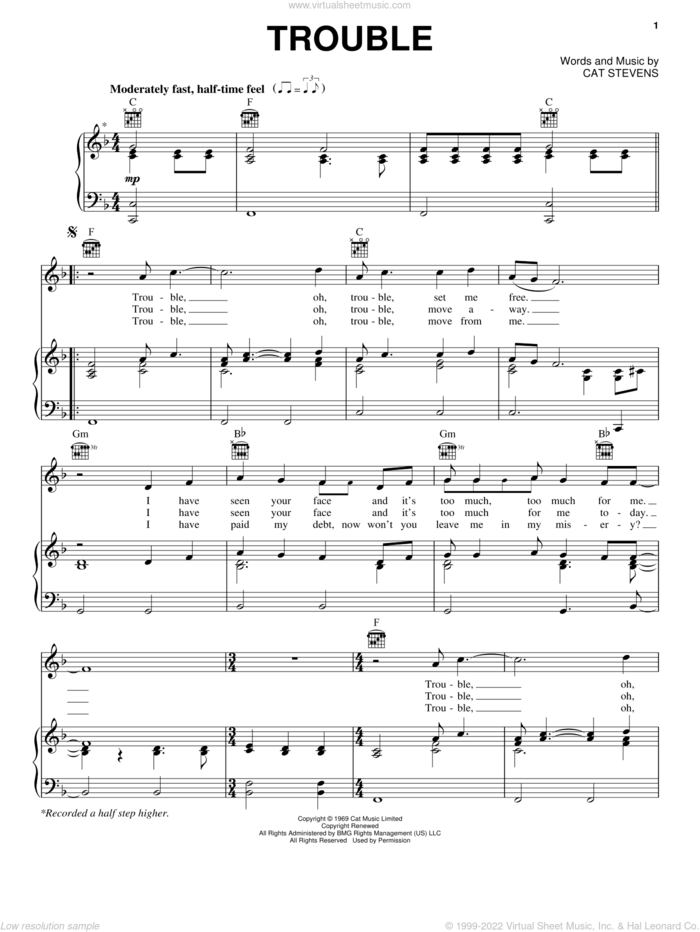 Trouble sheet music for voice, piano or guitar by Cat Stevens, intermediate skill level