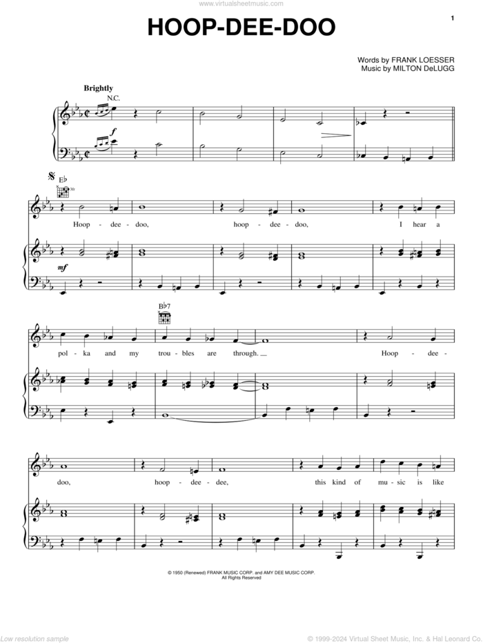 Hoop-Dee-Doo sheet music for voice, piano or guitar by Frank Loesser and Milton DeLugg, intermediate skill level