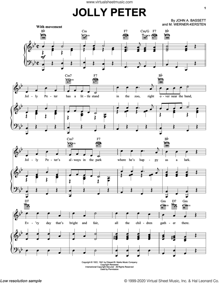 Jolly Peter sheet music for voice, piano or guitar by John A. Bassett and M. Werner - Kersten, intermediate skill level