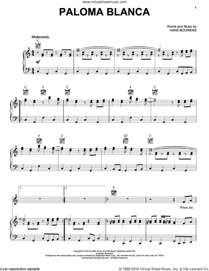 Paloma Blanca sheet music for voice, piano or guitar by Hans Bouwens, intermediate skill level