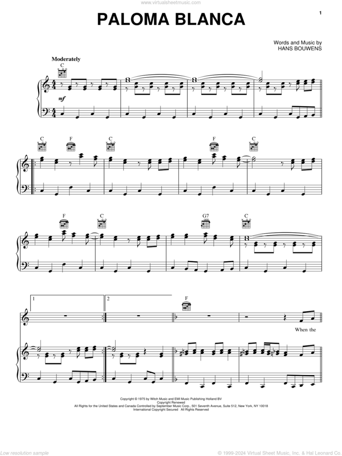 Paloma Blanca sheet music for voice, piano or guitar by Hans Bouwens, intermediate skill level