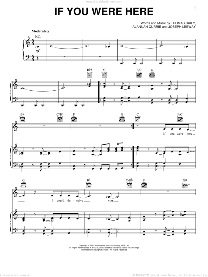 If You Were Here sheet music for voice, piano or guitar by Alannah Currie, Joseph Leeway and Thomas Baily, intermediate skill level