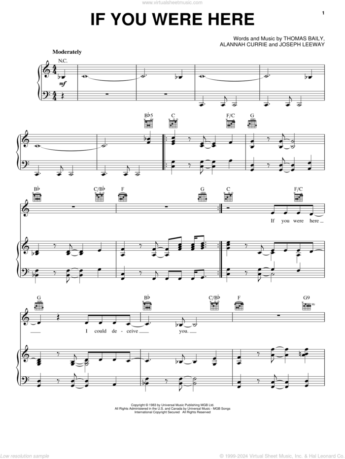 If You Were Here sheet music for voice, piano or guitar by Alannah Currie, Joseph Leeway and Thomas Baily, intermediate skill level